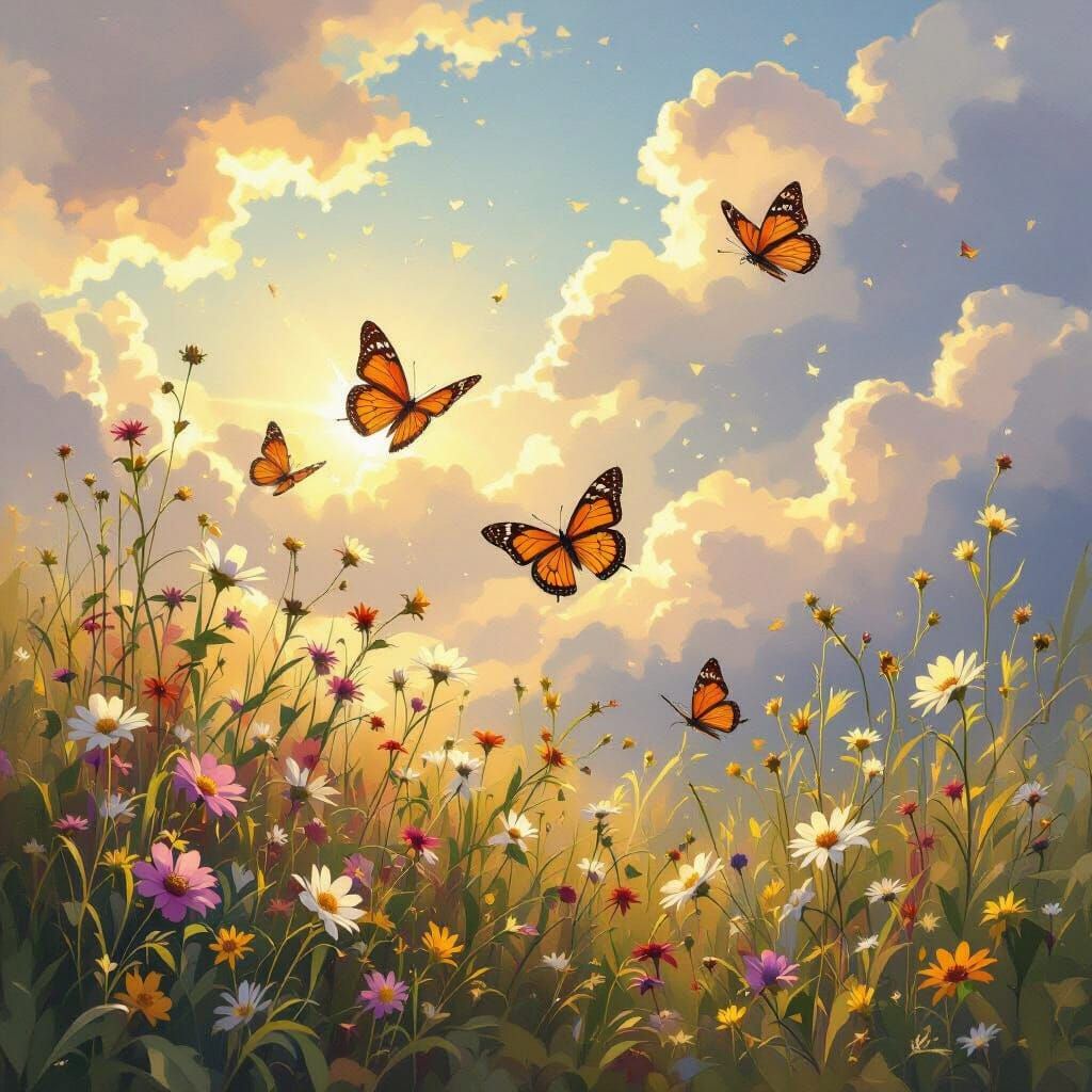 Butterflies in Golden Sunshine with Shimmering Clouds