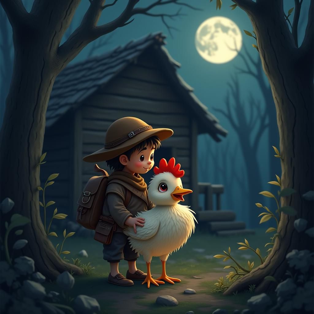 Boy Hugs Chicken in Forest at Night