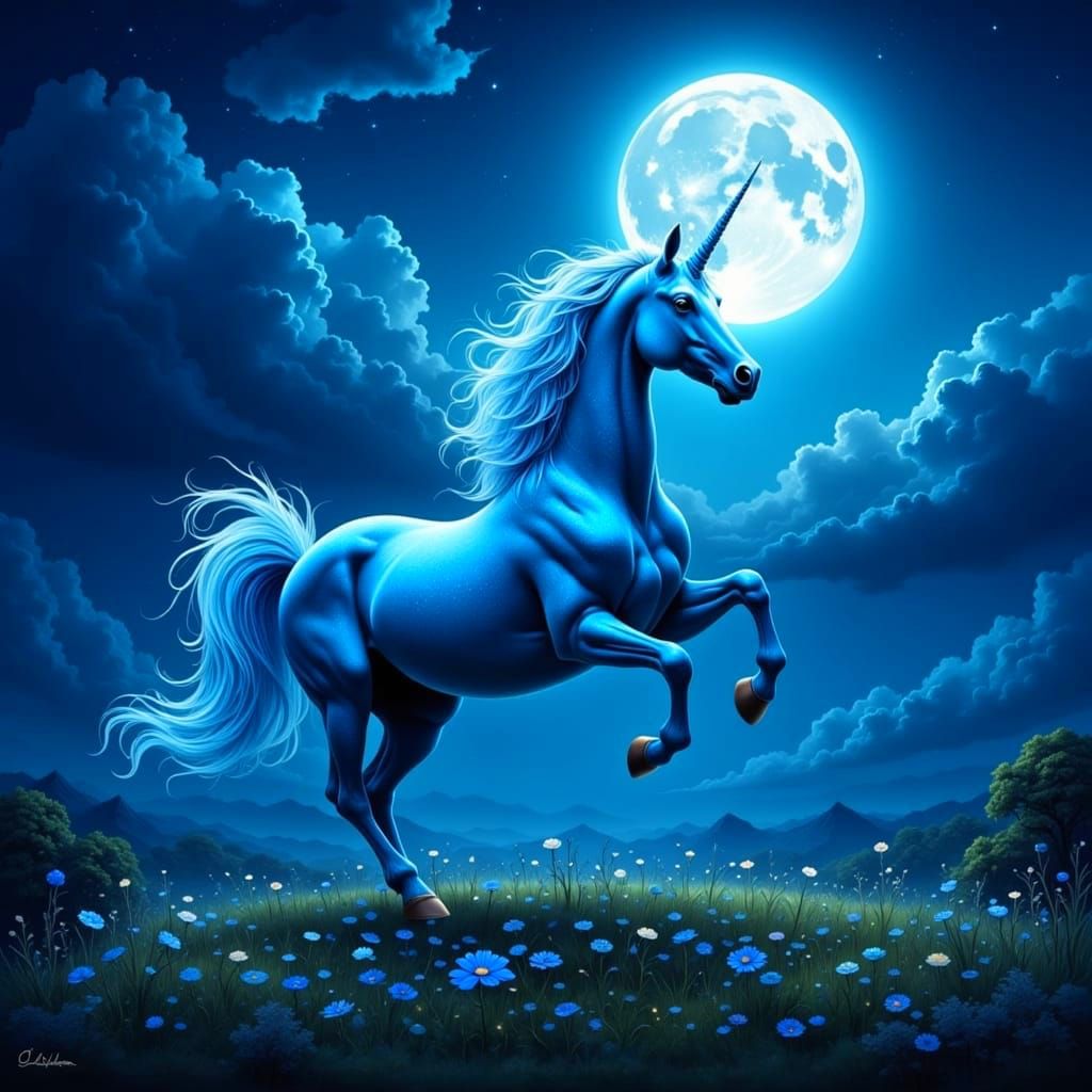 Mystical Blue Unicorn Gallops Under Moonlit Skies