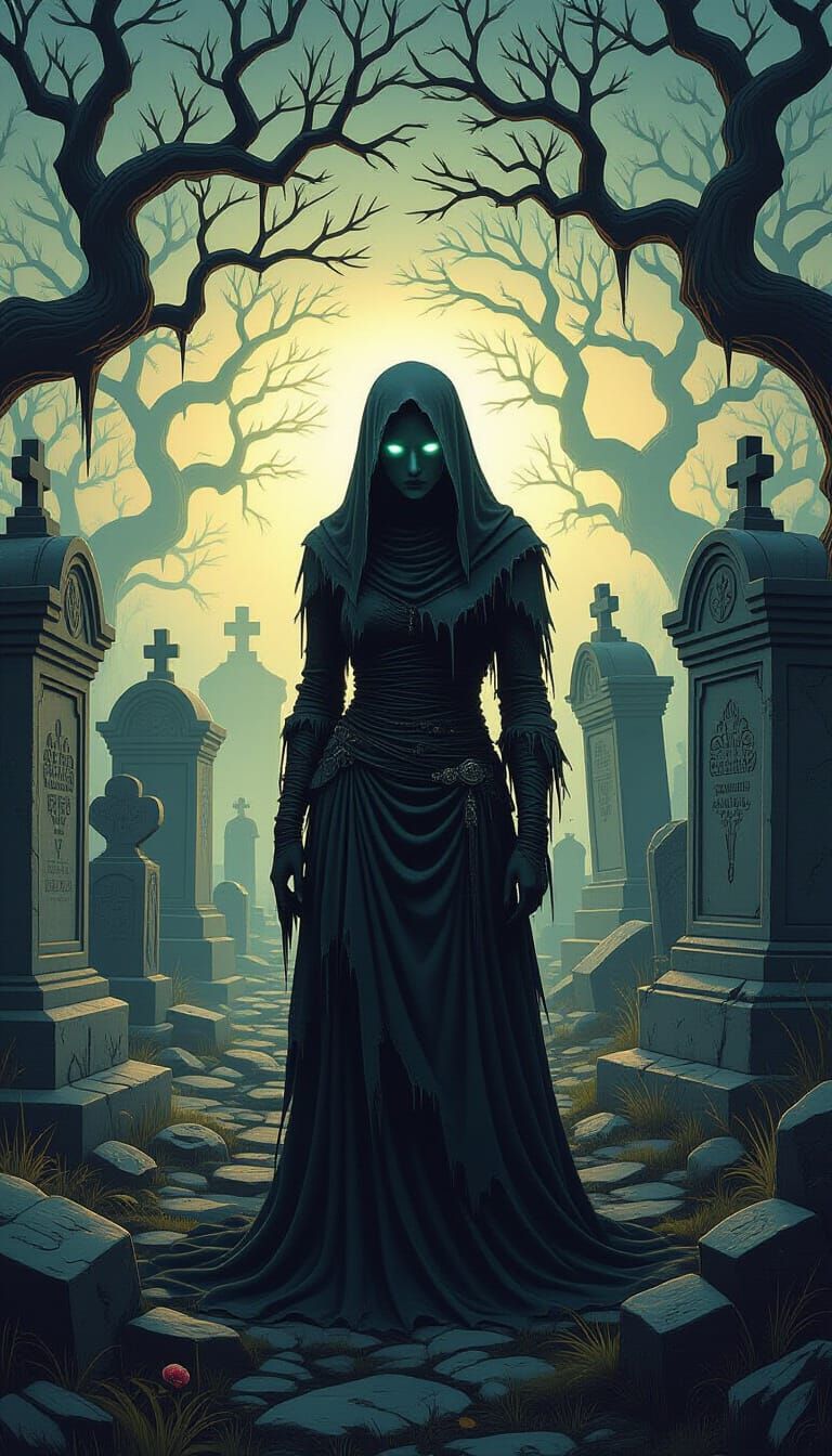 Mystical Graveyard Mourning Figure: Matte Painting