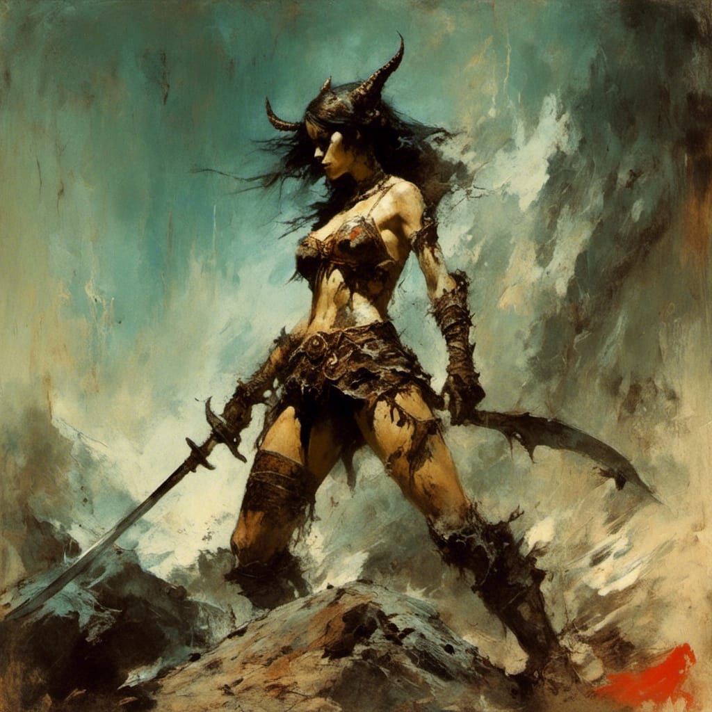 Dragon Warrior Woman with Sword in Frazetta Style