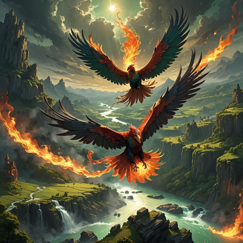 Fiery Phoenix Soaring Over Valley, Dark Fantasy Art