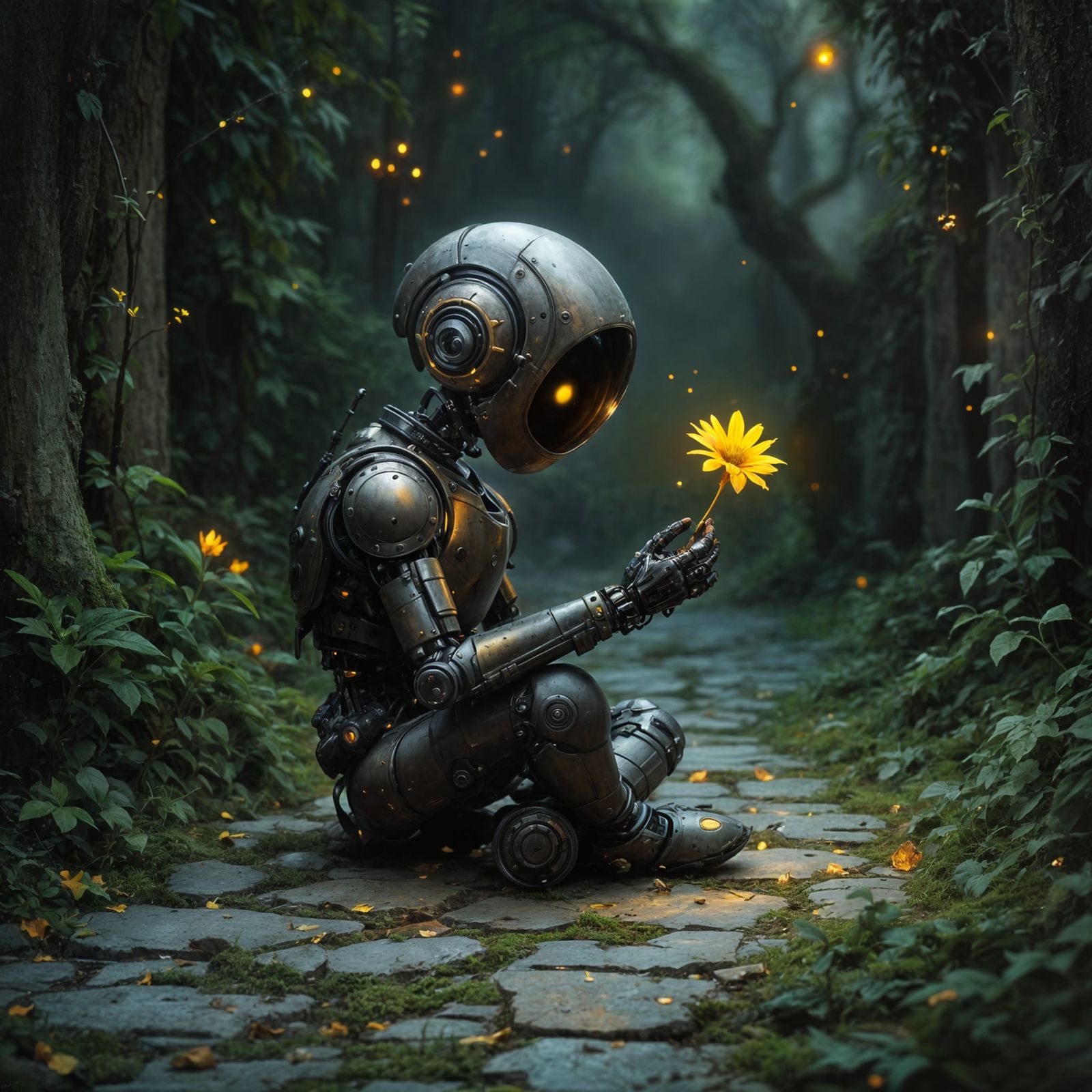 Steampunk Robot Holds Glowing Daisy in Chiaroscuro Oil Paint...