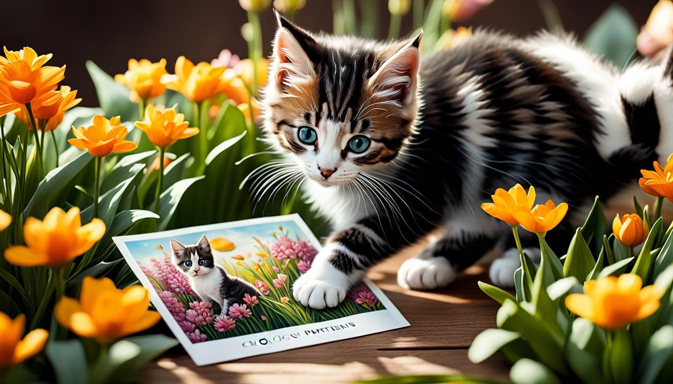 Hyperrealistic Kitten Postcard Held by Human Hands