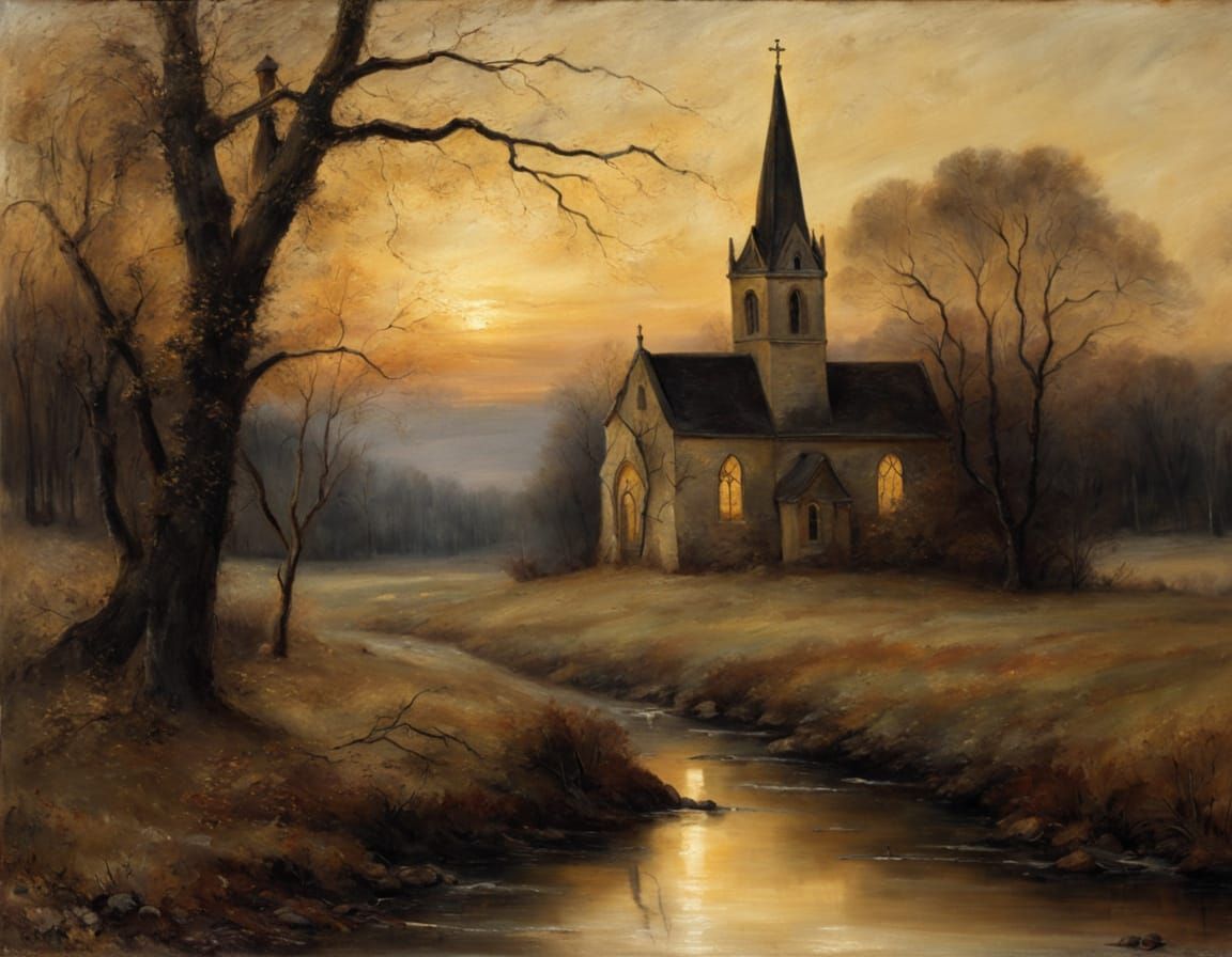 Stone Church Landscape Painting with Golden Light