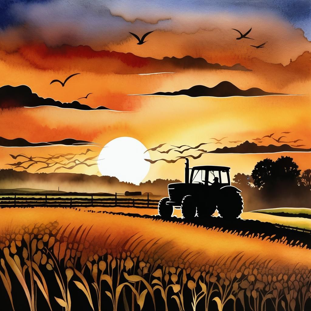 Farmer Silhouette at Sunrise in Airbrush Watercolor