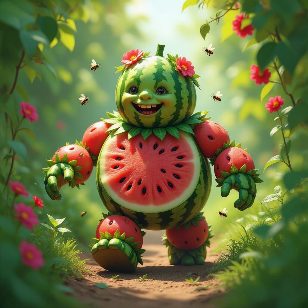 Whimsical Watermelon Golem in a Lush Garden