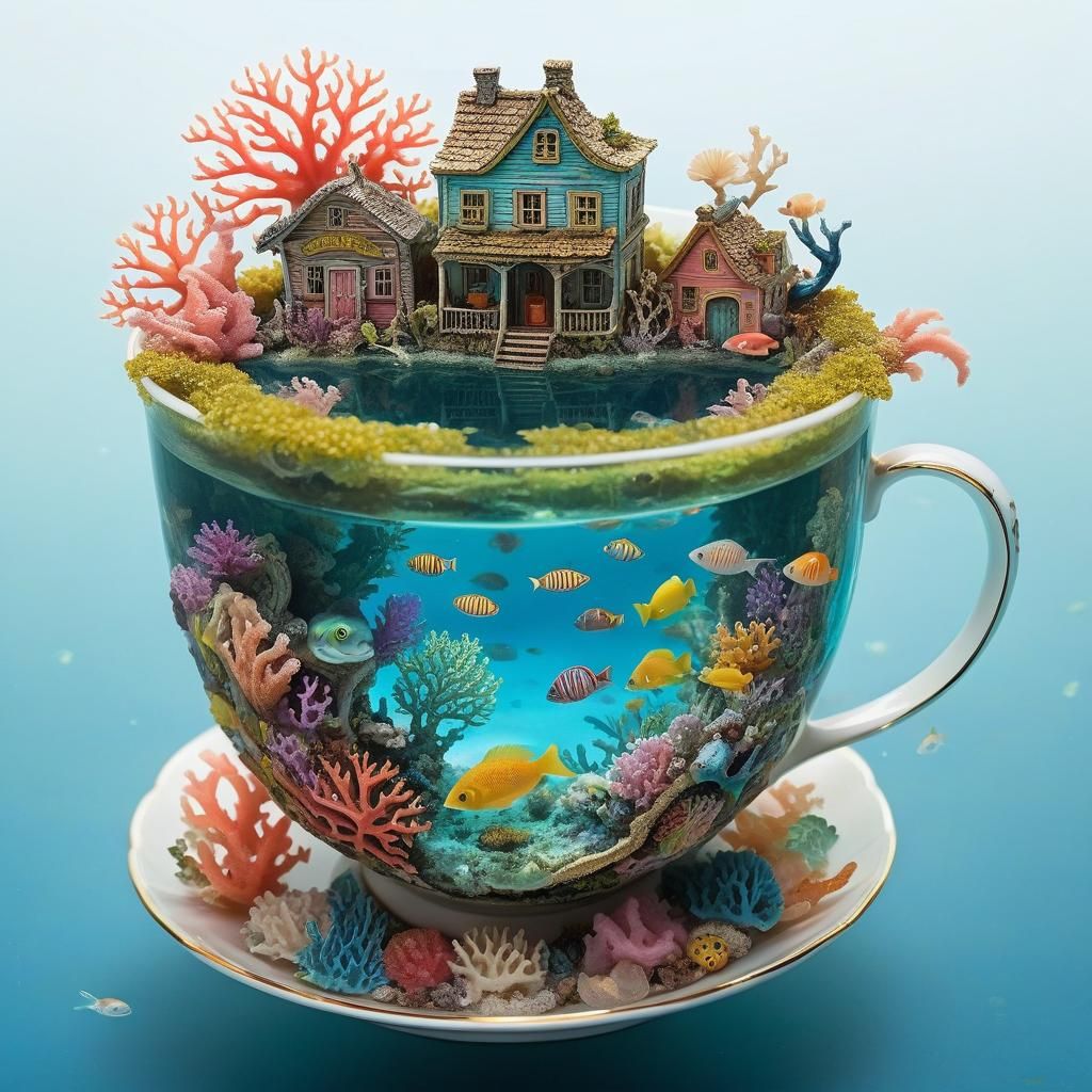 Underwater World in Teacup: Detailed Fantasy Art