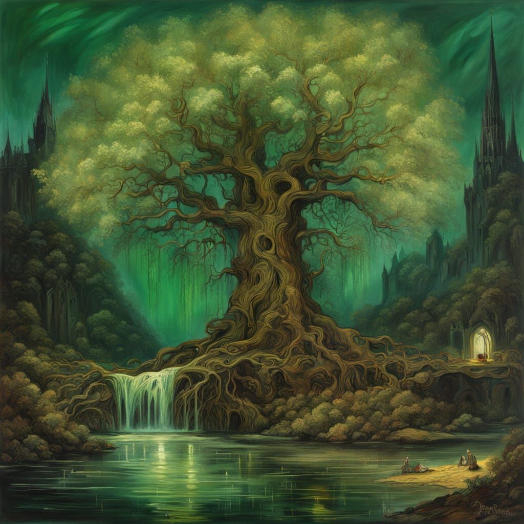 Luminescent Gothic Tree in Eldritch Riverscape