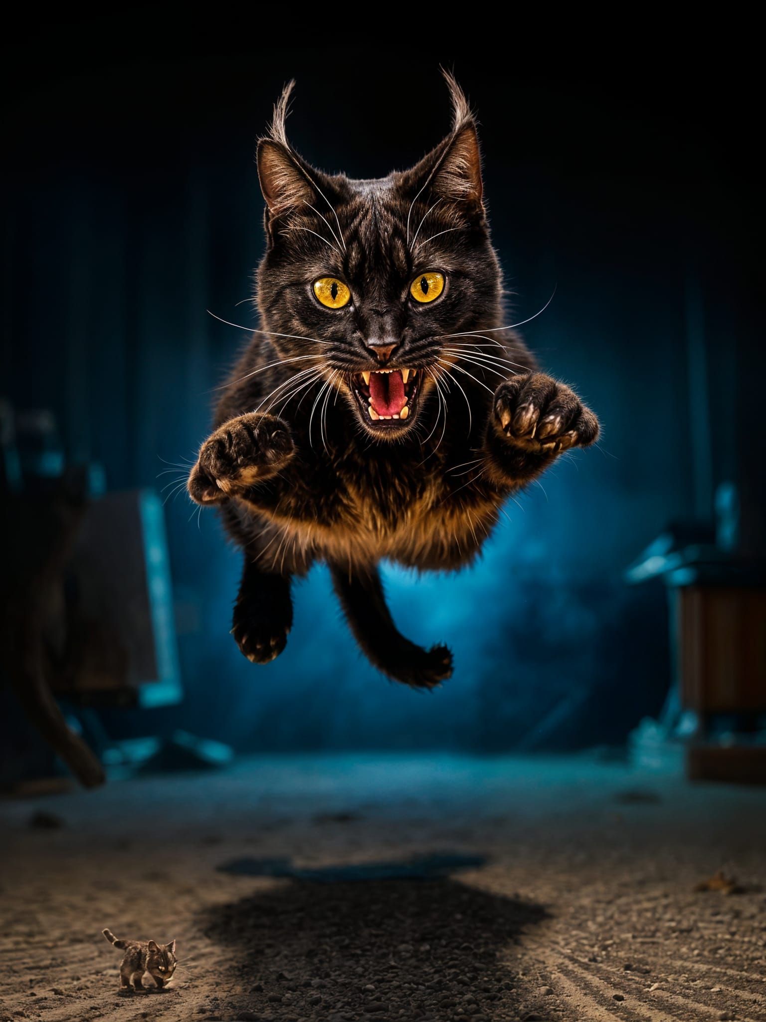 Dramatic Devil Cat Leaps Toward Camera