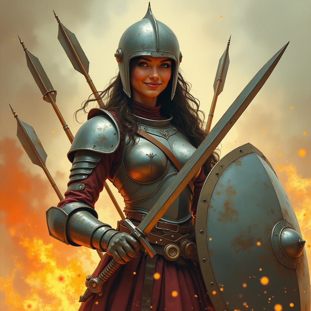 Confident Female Warrior Deflects Flaming Arrows