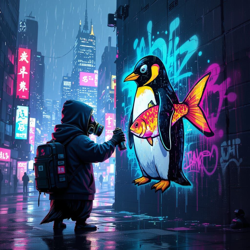 Cyberpunk Penguin Graffiti Art in Neon Cityscape