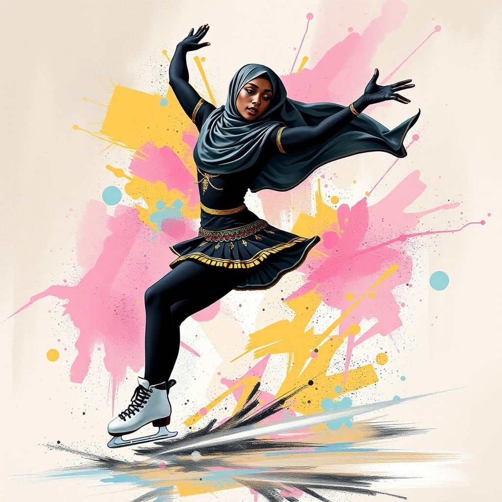 Egyptian Figure Skater with Hijab and Paint Splashes