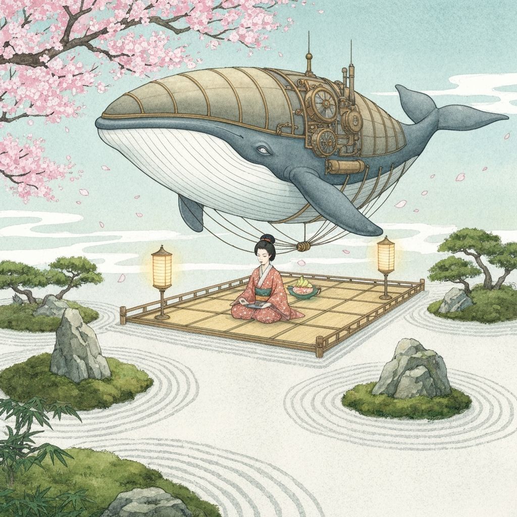 Zen Garden in Steampunk Whale Airship Watercolor
