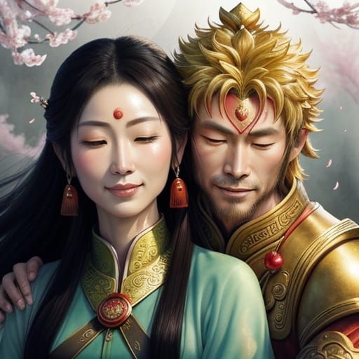 Guan Yin and Sun Wukong Embrace in Ink Painting
