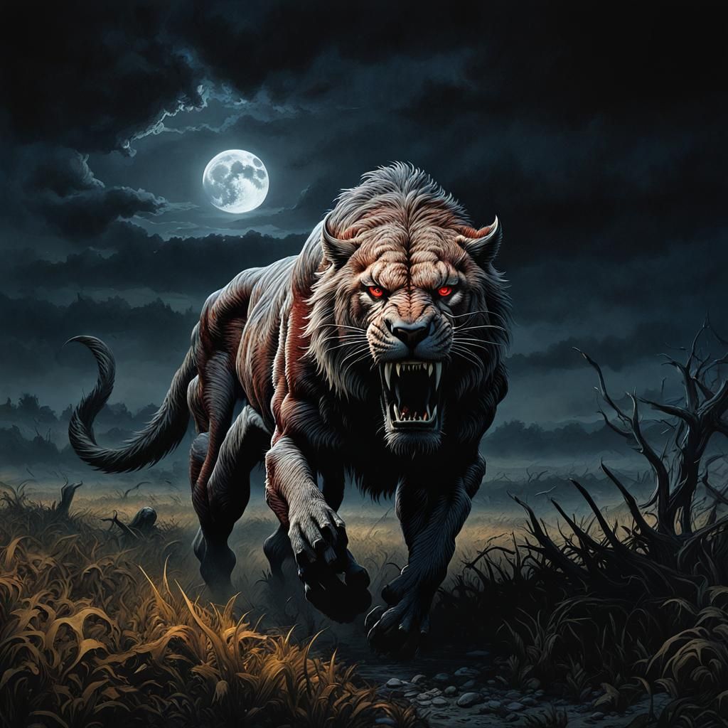 Rotting Smilodon in Moonlit Field: Dark Fantasy Art