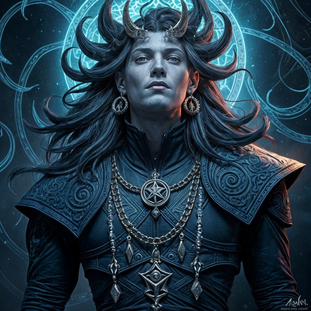 Powerful Deity in Dark Fantasy Monochromatic Blues and Grays