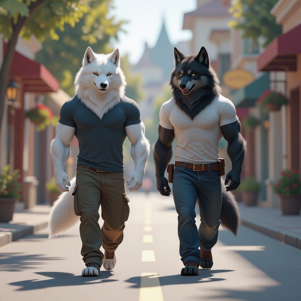Muscular Wolves in Summer Street Scene, Matte Painting Style