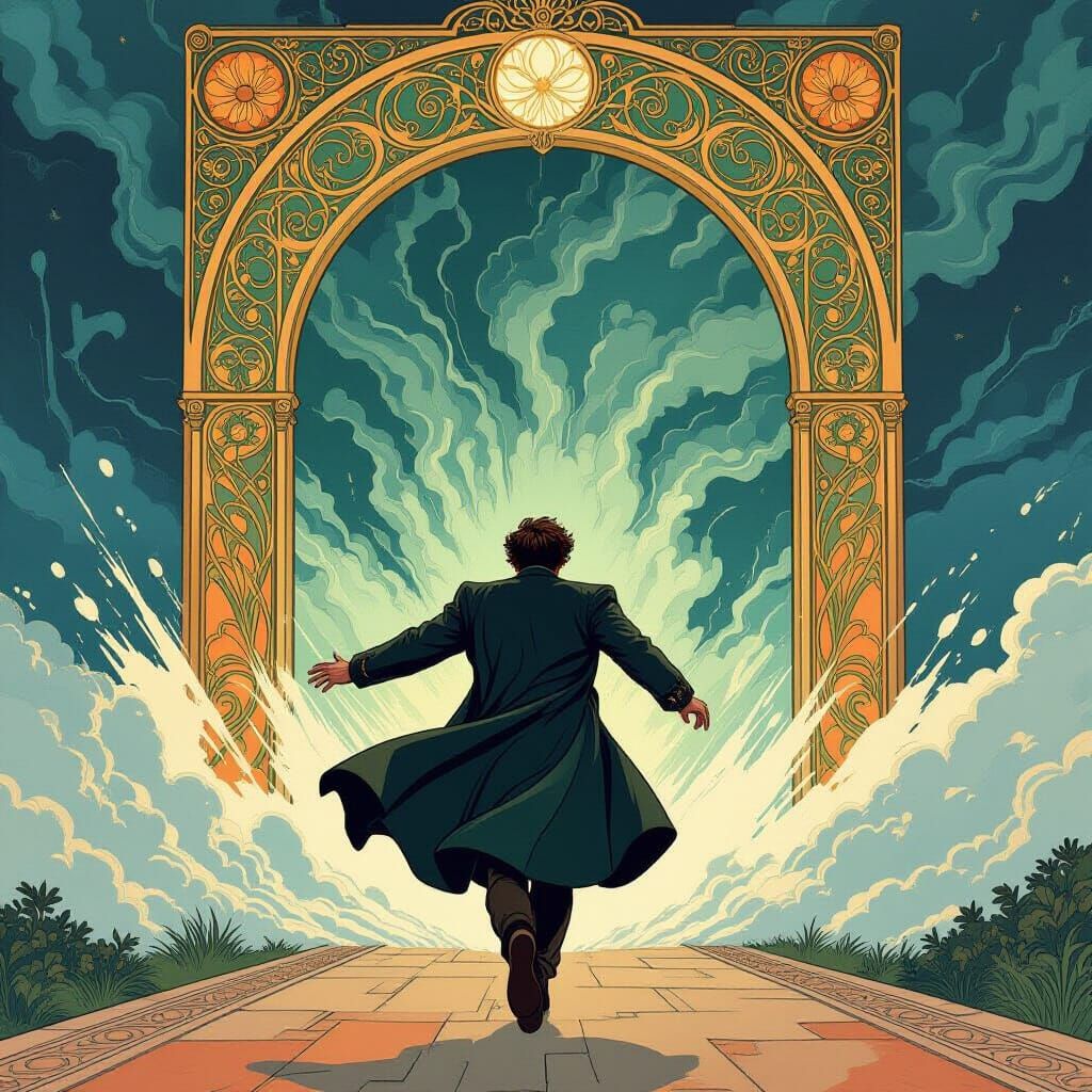 Man Fleeing Through Art Nouveau Portal