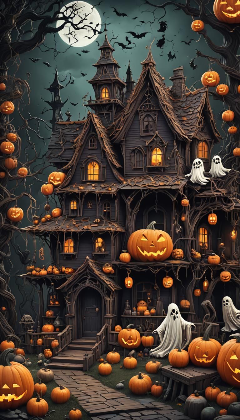 Spooky Halloween Yarn Art: Haunted House and Ghosts