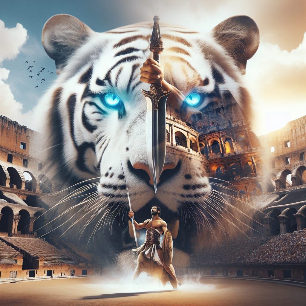 Gladiator and Tiger Double Exposure in Coliseum