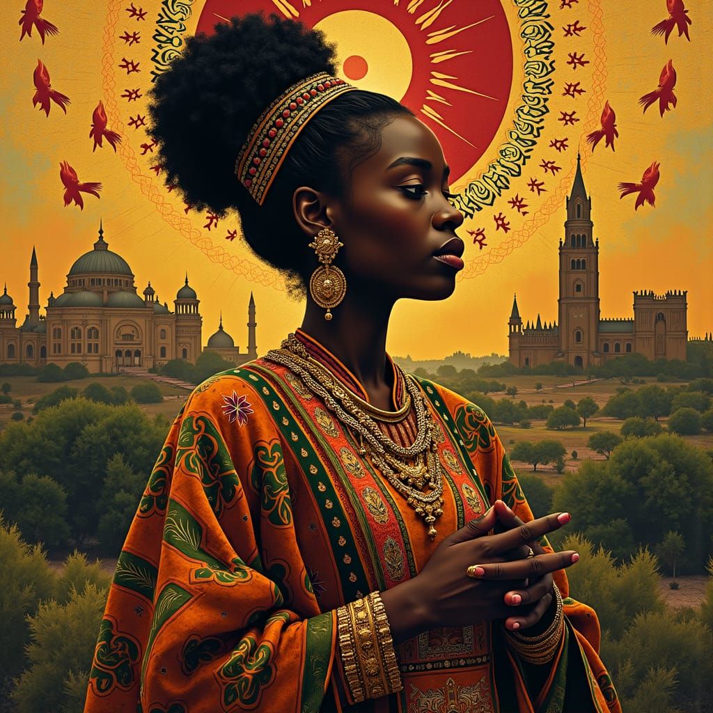 Regal Black Figure in Gold-Embroidered Textiles