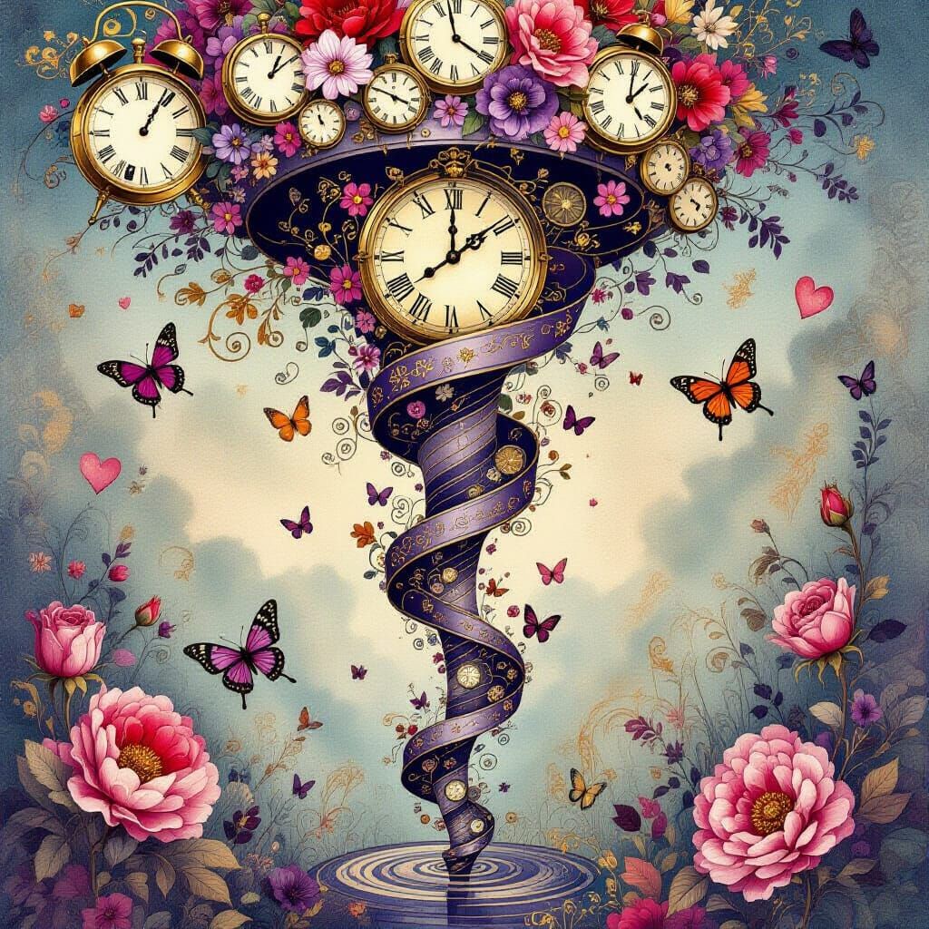 Whimsical Vortex of Clocks, Hearts, and Flowers