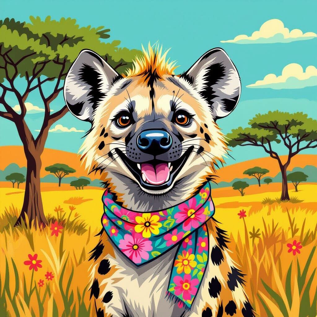 Happy Hyena with Scarf in Illustrative Style