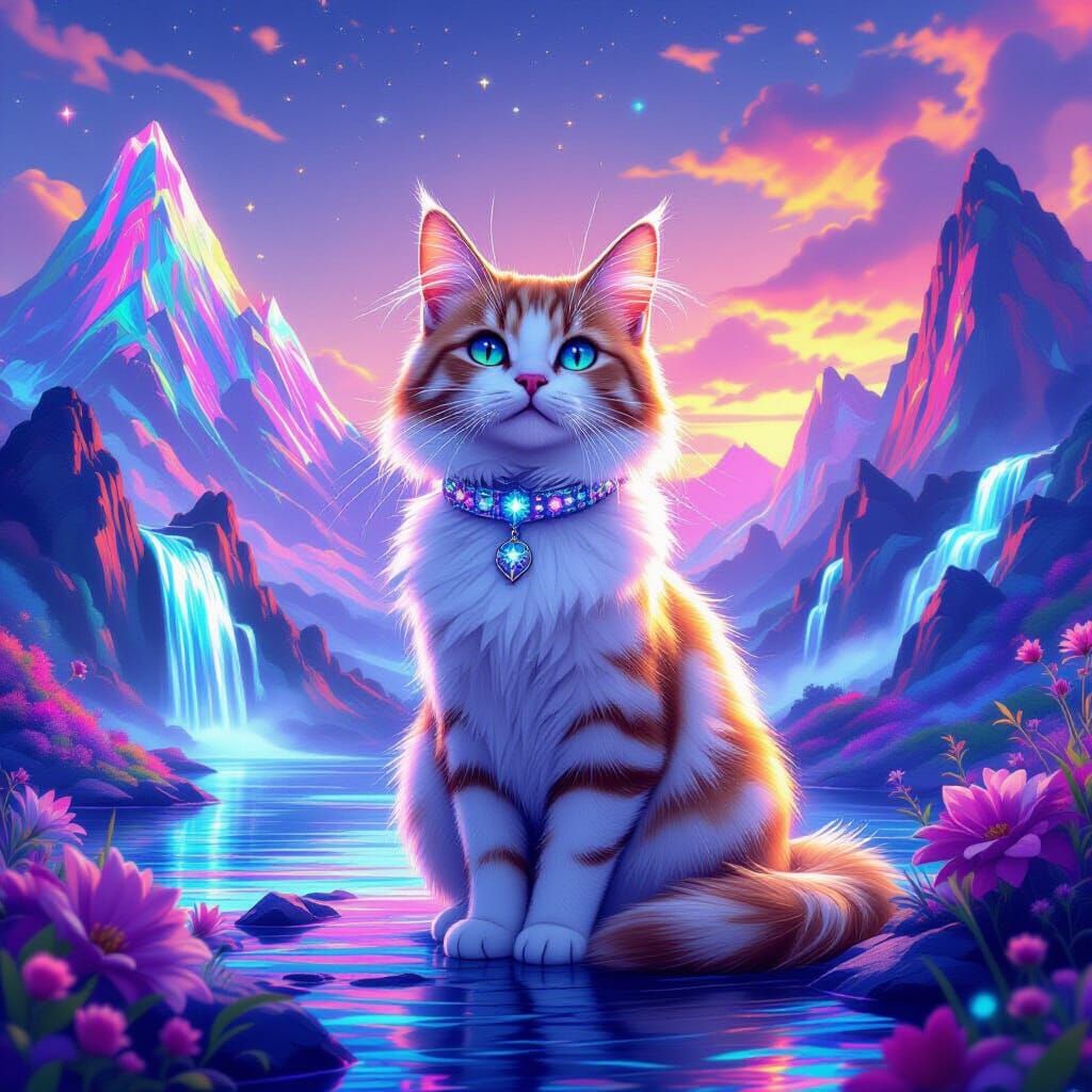 Majestic Cat in Surreal 3D Landscape