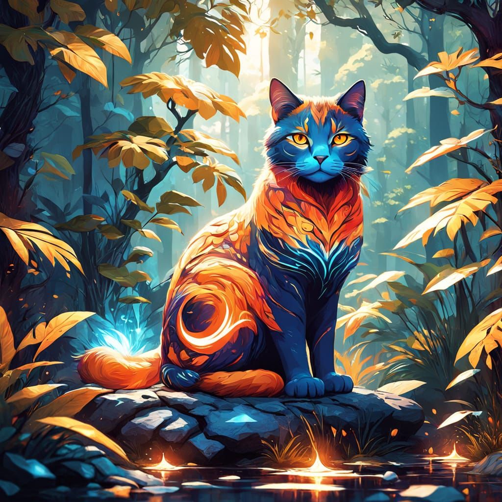 Elegant Cat in Mystical Forest, Whimsical Pop Art Style