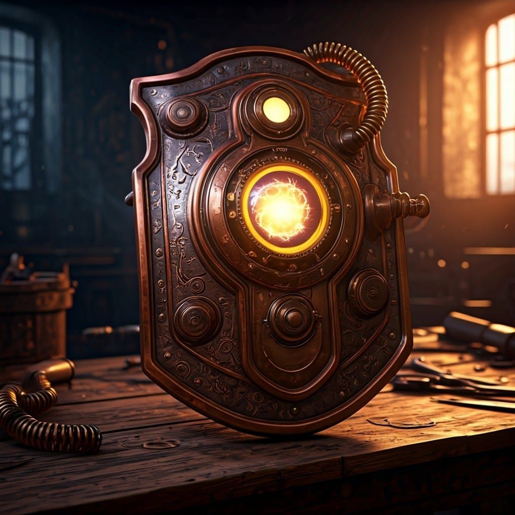 Ornate Steampunk Shield with Glowing Core in Workshop