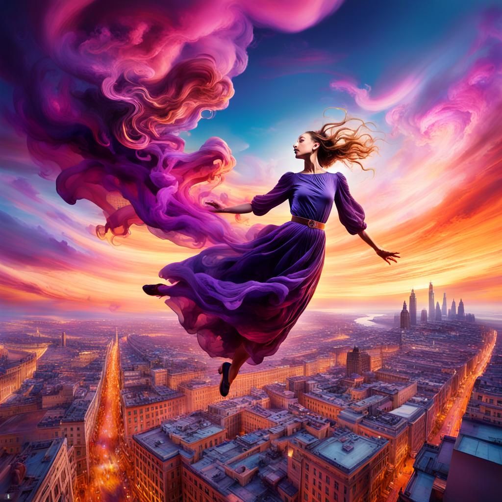 Surreal Woman Levitation in Dreamlike Cityscape