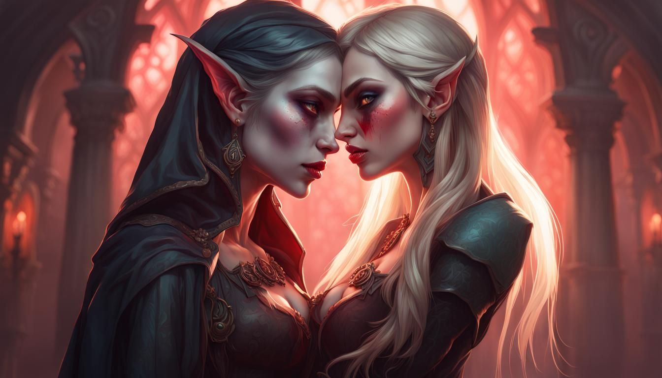 Vampire Girl Bites Elf Neck: Artstation Portrait