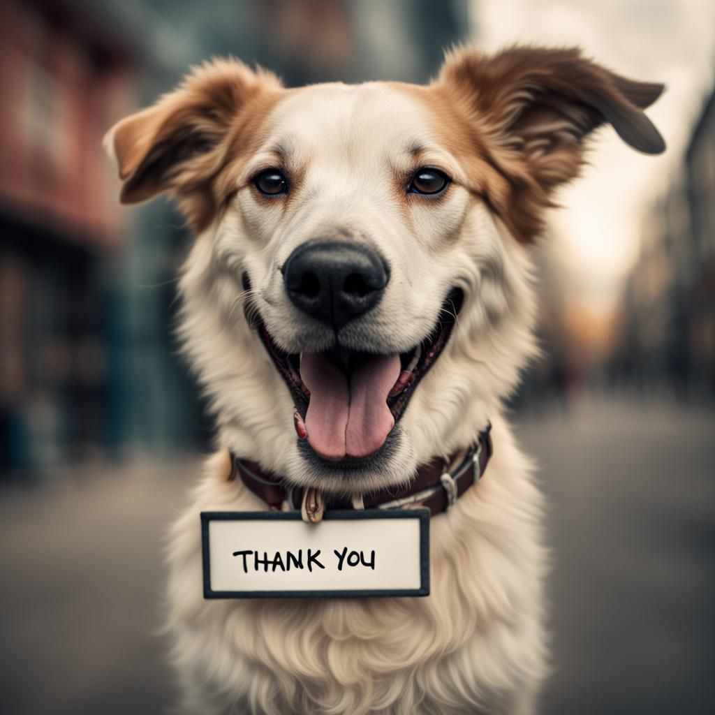 Dog Smiles With Thank You Sign, Hyperrealistic