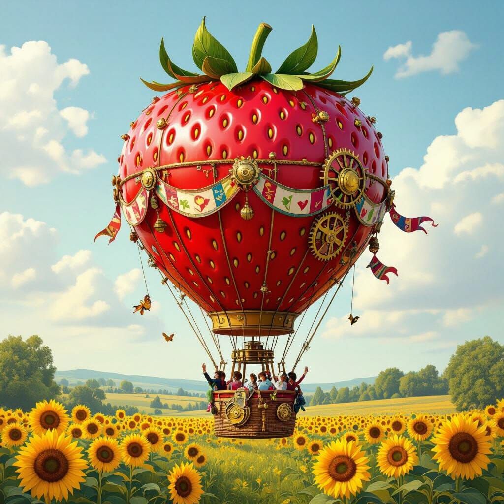 Steampunk Strawberry Balloon Over Sunflower Field