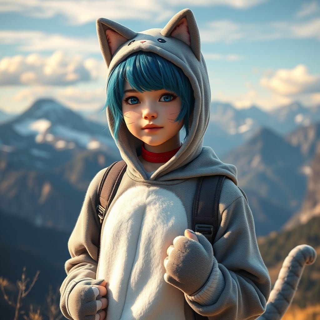 Enchanting Feline Hiker in Fantastical Mountain Landscape
