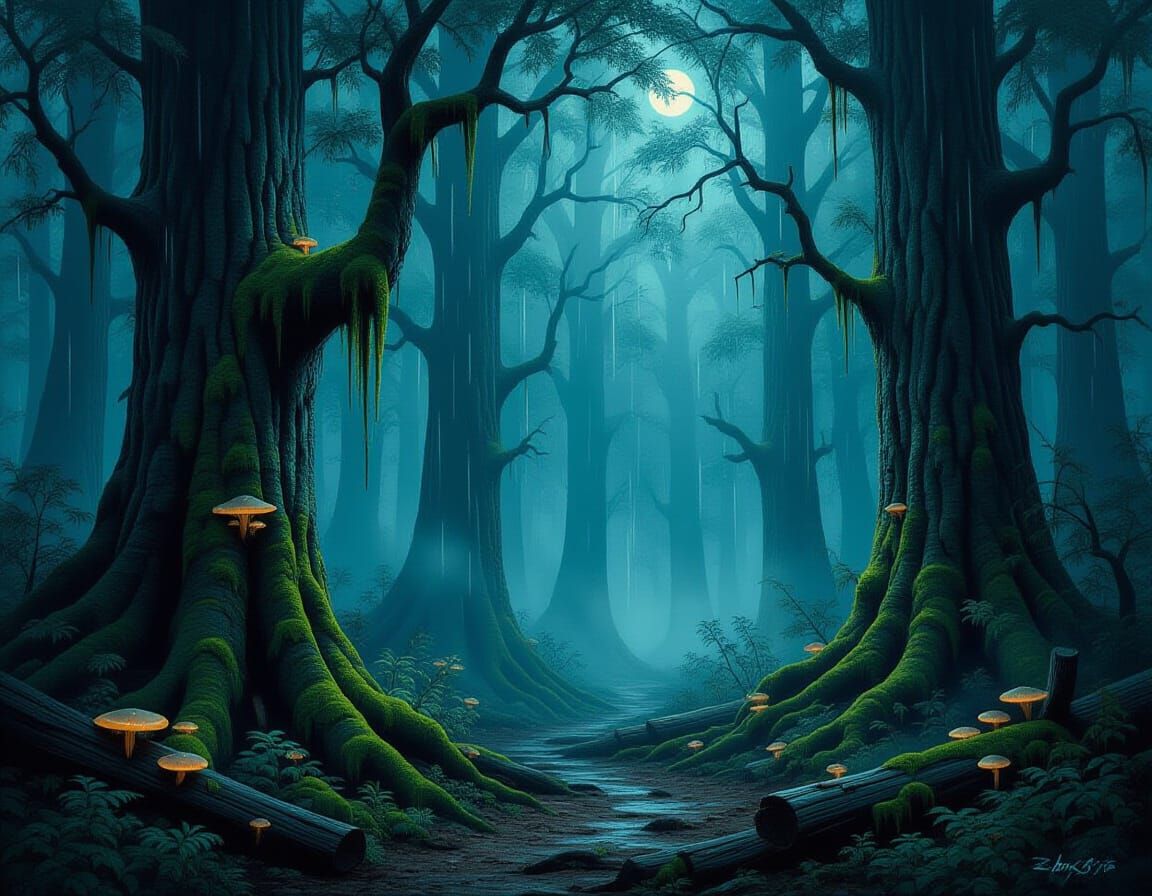 Mysterious Twilight Forest in Dramatic Oil Painting Style