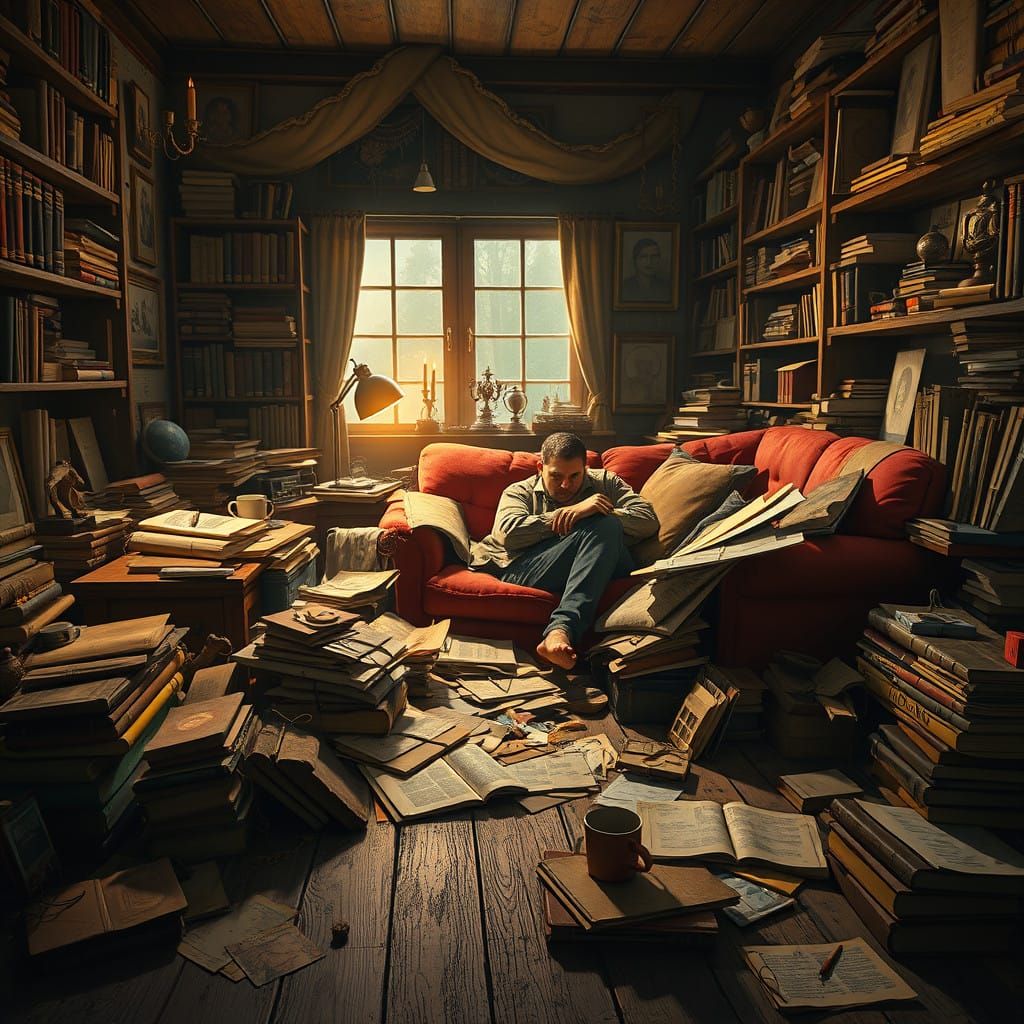 Weary Workaholic Surrounded by Creative Chaos in Warm, Golde...