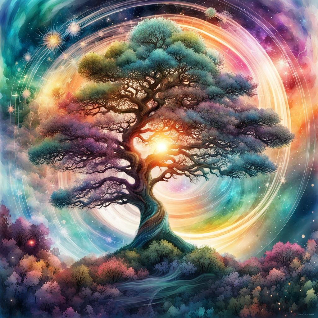 Cosmic Magic Tree in Digital Watercolor Style