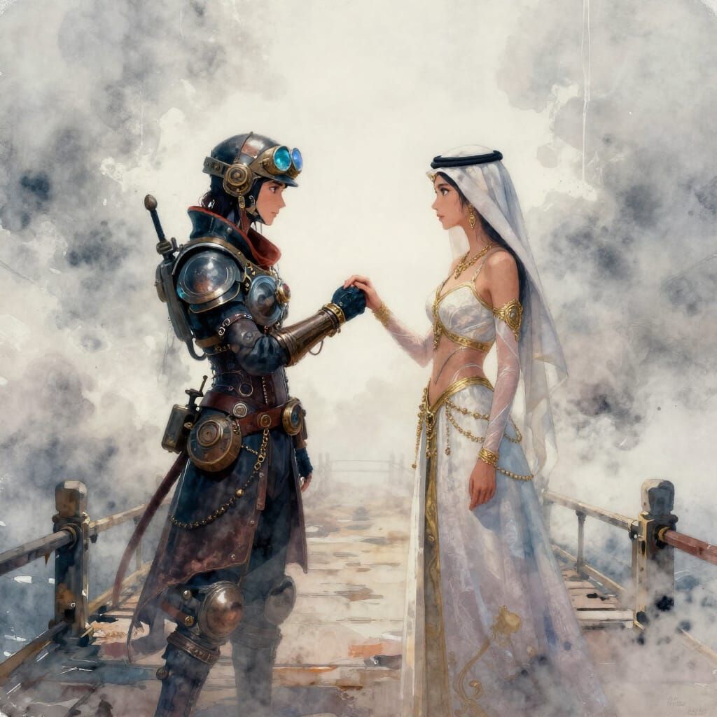 Cyberpunk and Steampunk Princesses on Pier Watercolor