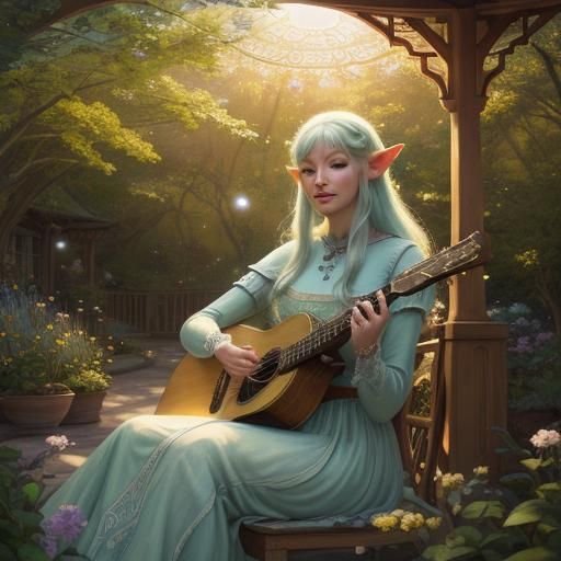 An elf playing a guitar inside a gazebo. The guitar strings ...