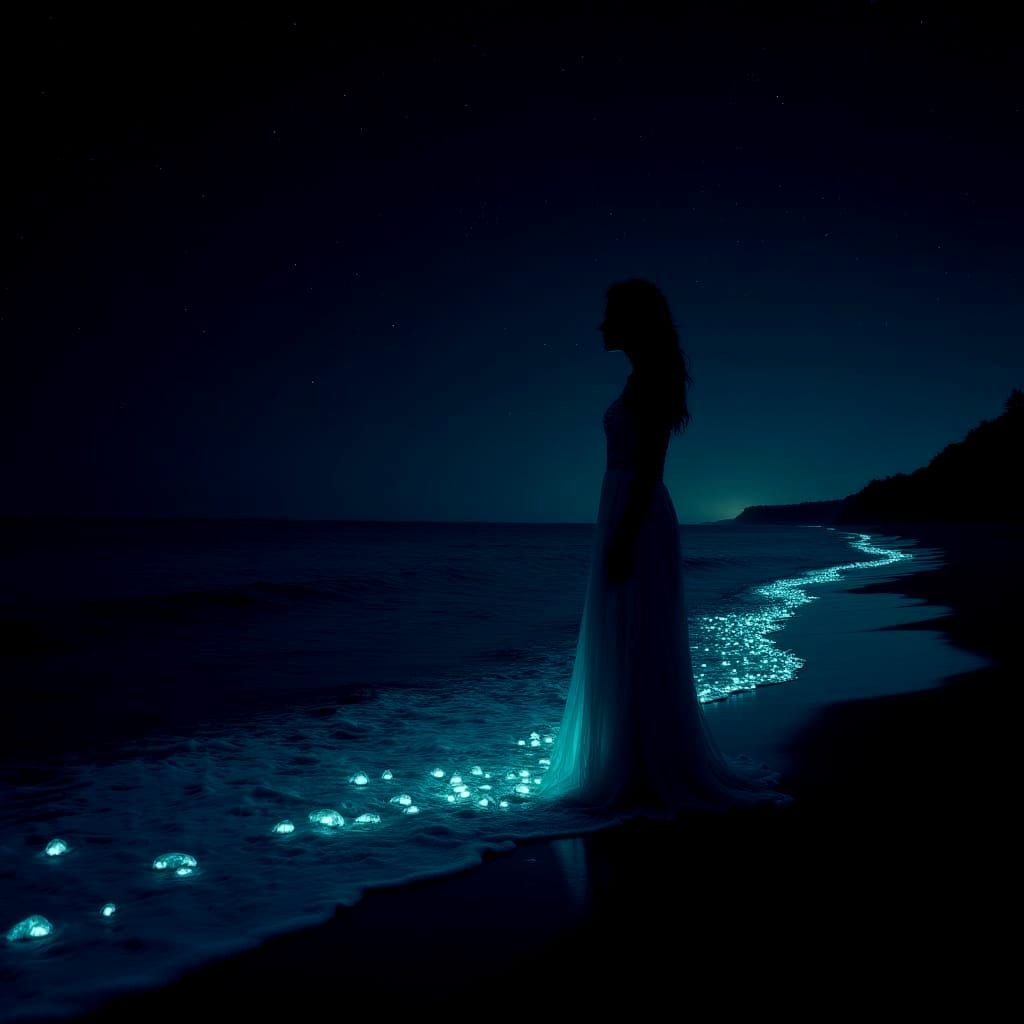 Woman Silhouette on Beach at Night