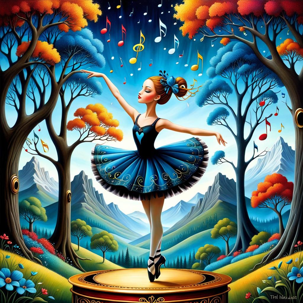 Ornate Music Box Ballerina in Surreal Style