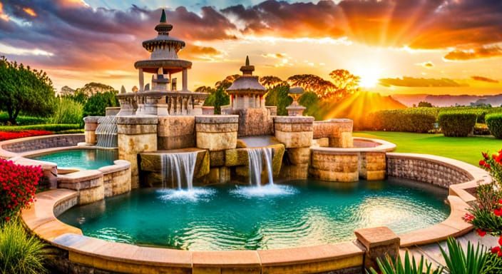 Jamaican Garden: Sunrise Over Huge Water Fountain