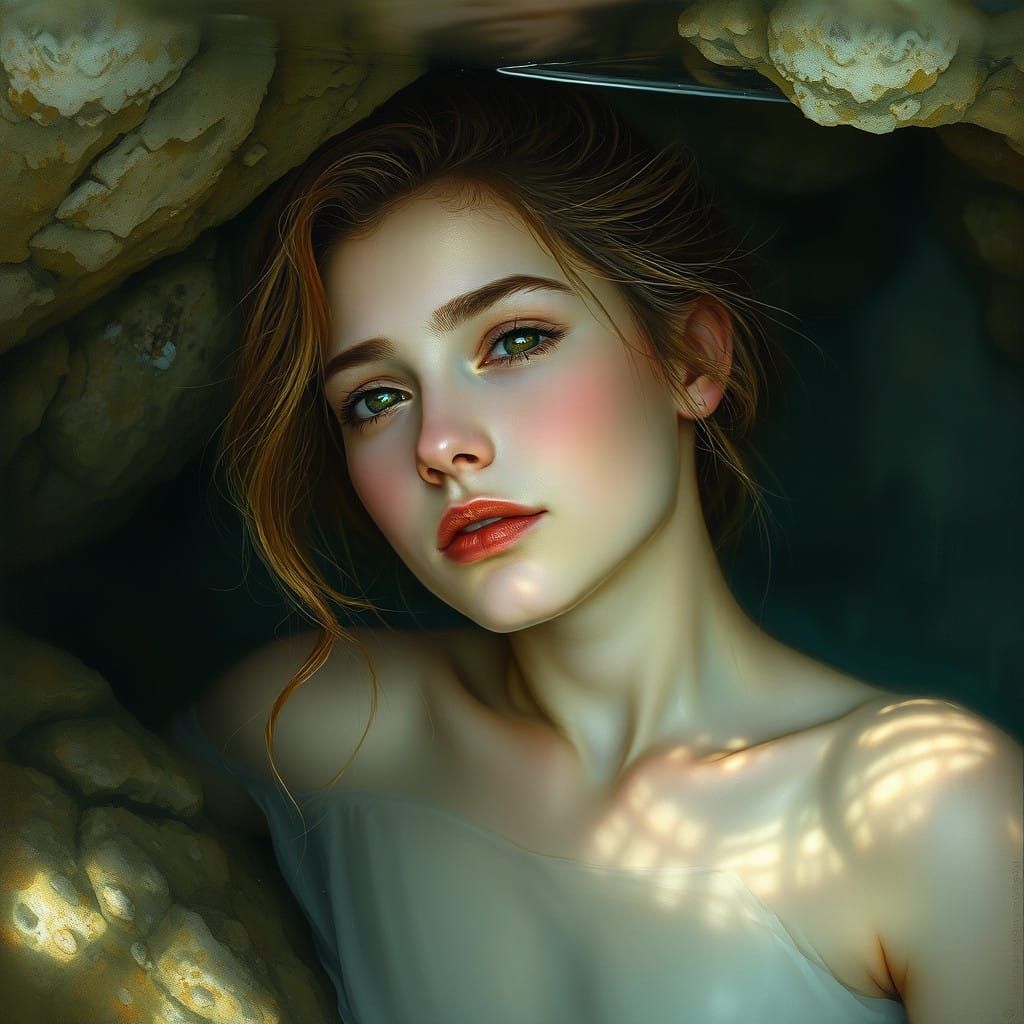 Mystical Selkie in a Submerged Cove with Intricate Skin Text...