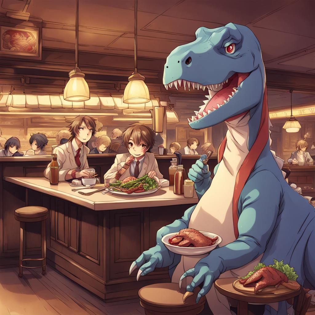 Dinosaur at Steakhouse in Anime Style