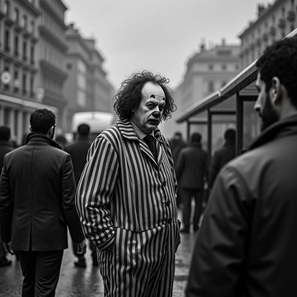 Monochrome Photo of Sad Clown Waiting in Rain