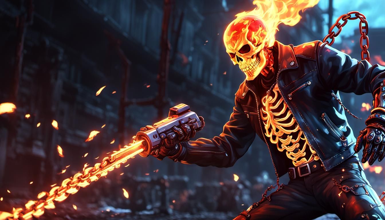 Fiery Ghost Rider Character with Glowing Chain
