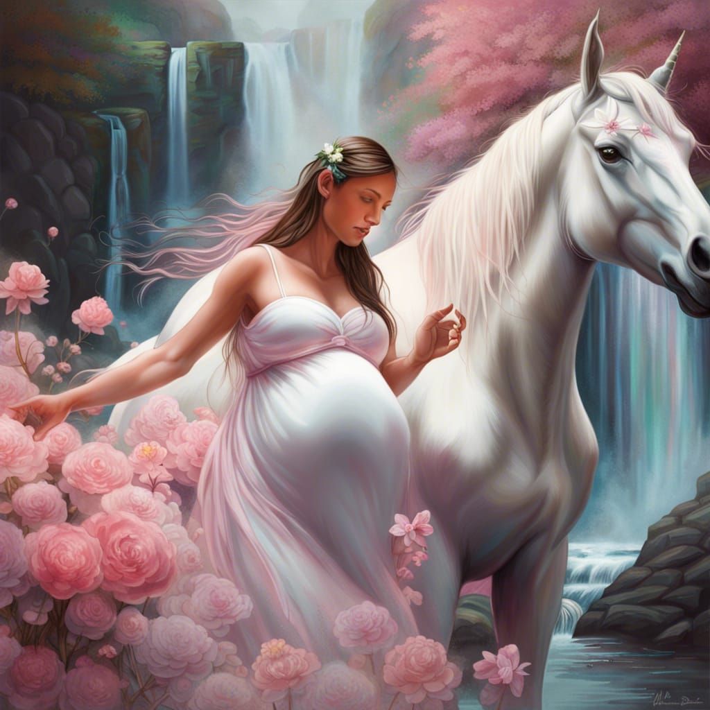 Pregnant Woman and Unicorn by Waterfall: Hyperrealistic Art