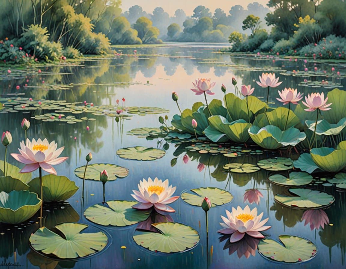 Impressionistic Watercolor of Lotus Blooms at Dawn